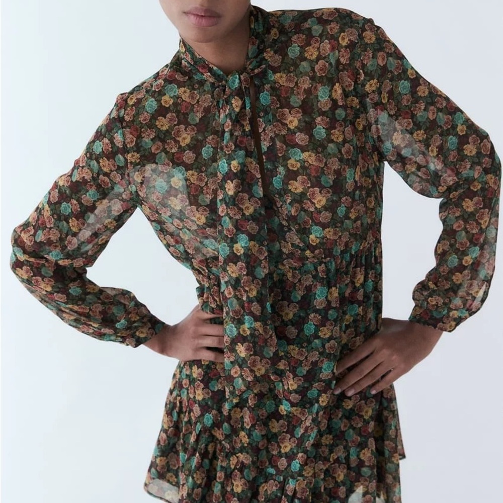 Zara Floral Sheer V-Neck Dress in Brown, Teal & Mustard